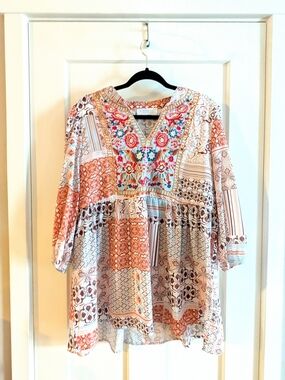 Embroidered Mixed-Print Boho Tunic - Coral, Cream & Blue From Poppy Seed